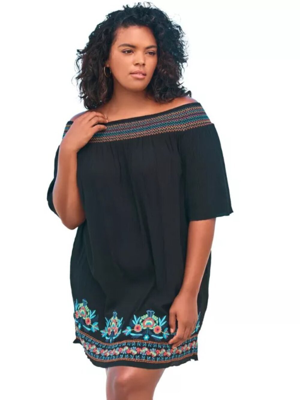 Swimsuits For All Black Embroidered Off Shoulder Cover Up Dress | Size 26/28